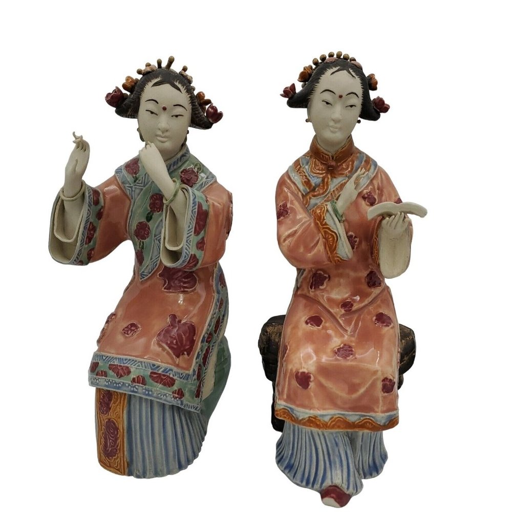 Shiwan Shi Wan Porcelain Figurines Ladies  Musicians Geisha Seated Chinese Women